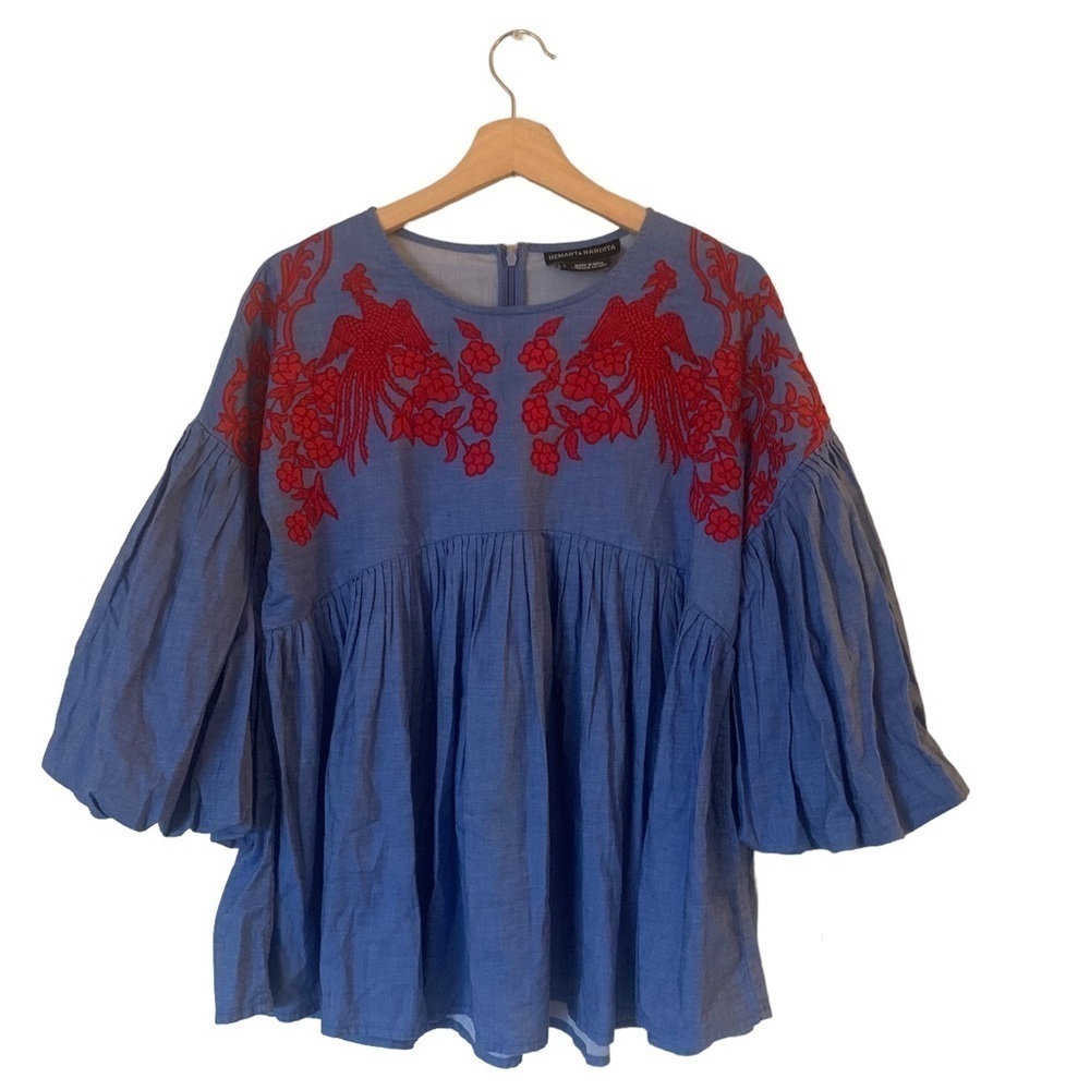 Anthropologie Liana Shirt Blue Red Size Small Balloon Sleeve Boho Embroidered - Picture 5 of 11